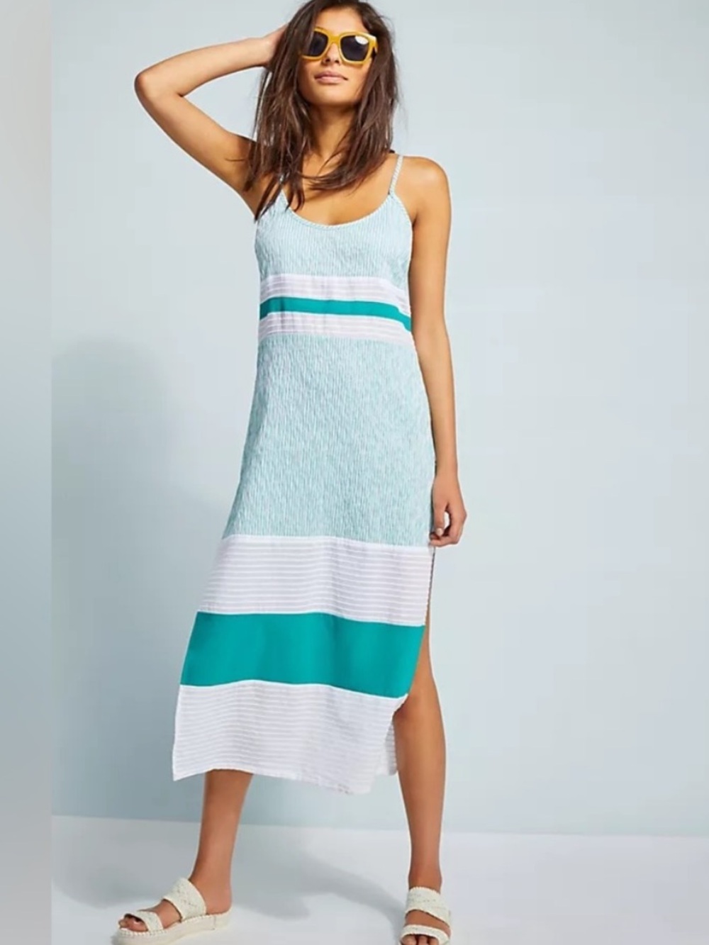 Anthropologie Flagpole Lexi Striped Midi Dress in Turquoise White Sz S